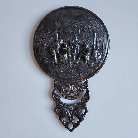 Hallmarked Denmark Hans Jensen Silver Plated Repousse Purse Hand Mirror Vintage - Picture 2 of 4